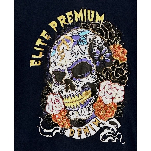 Elite Premium Jeans Mens Sweatshirt XL Blue Skull Sequins Beads Goth Grunge Y2K - Picture 1 of 10